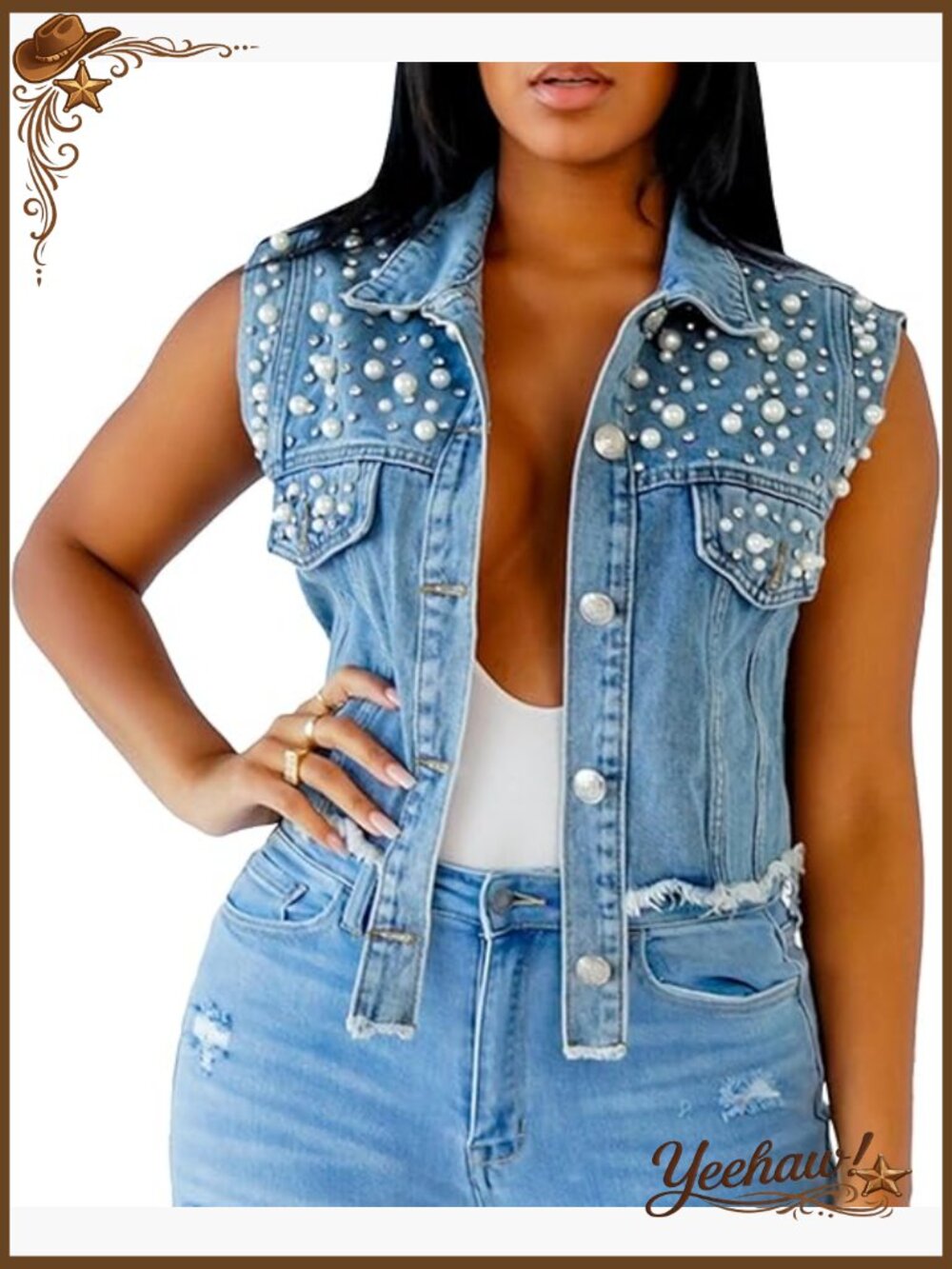 Vintage Embroidered Pearl Denim Vest Sleeveless Button Up Cropped Jean Jacket